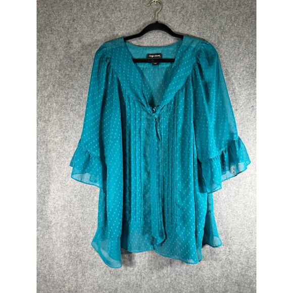 Maggie Barnes‎ Blouse Women 22/24W Blue Short Sleeve Semi Sheer Ruffle Office - Picture 1 of 6